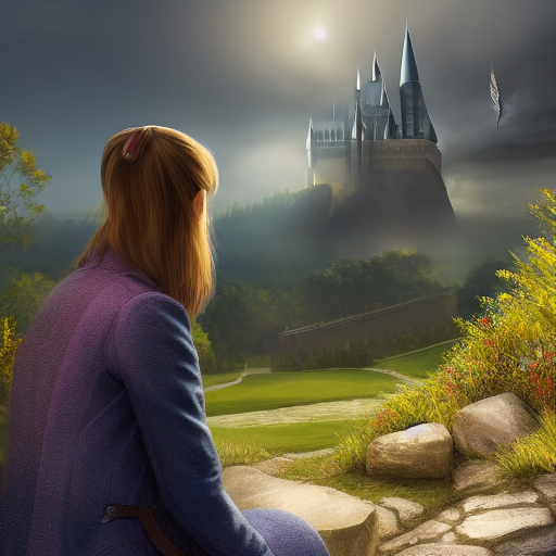 Lily sitting on a hill, looking down at a newly rebuilt Hogwarts, with a somber expression on her face.